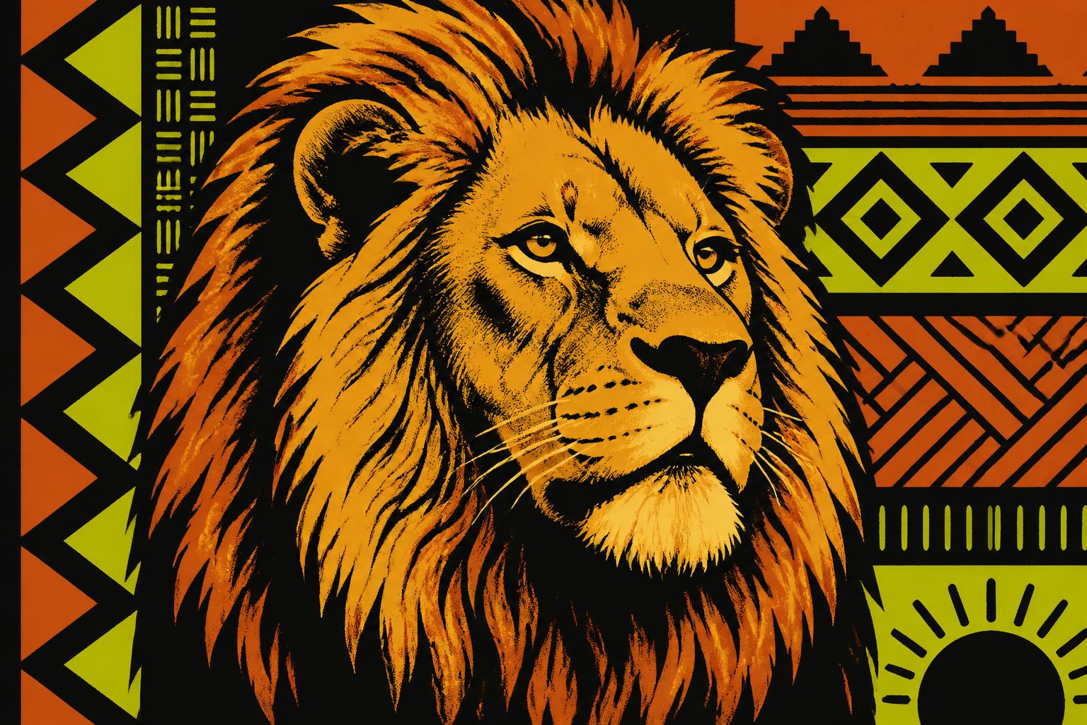 Screen-print illustration of a lion surrounded by African woven patterns