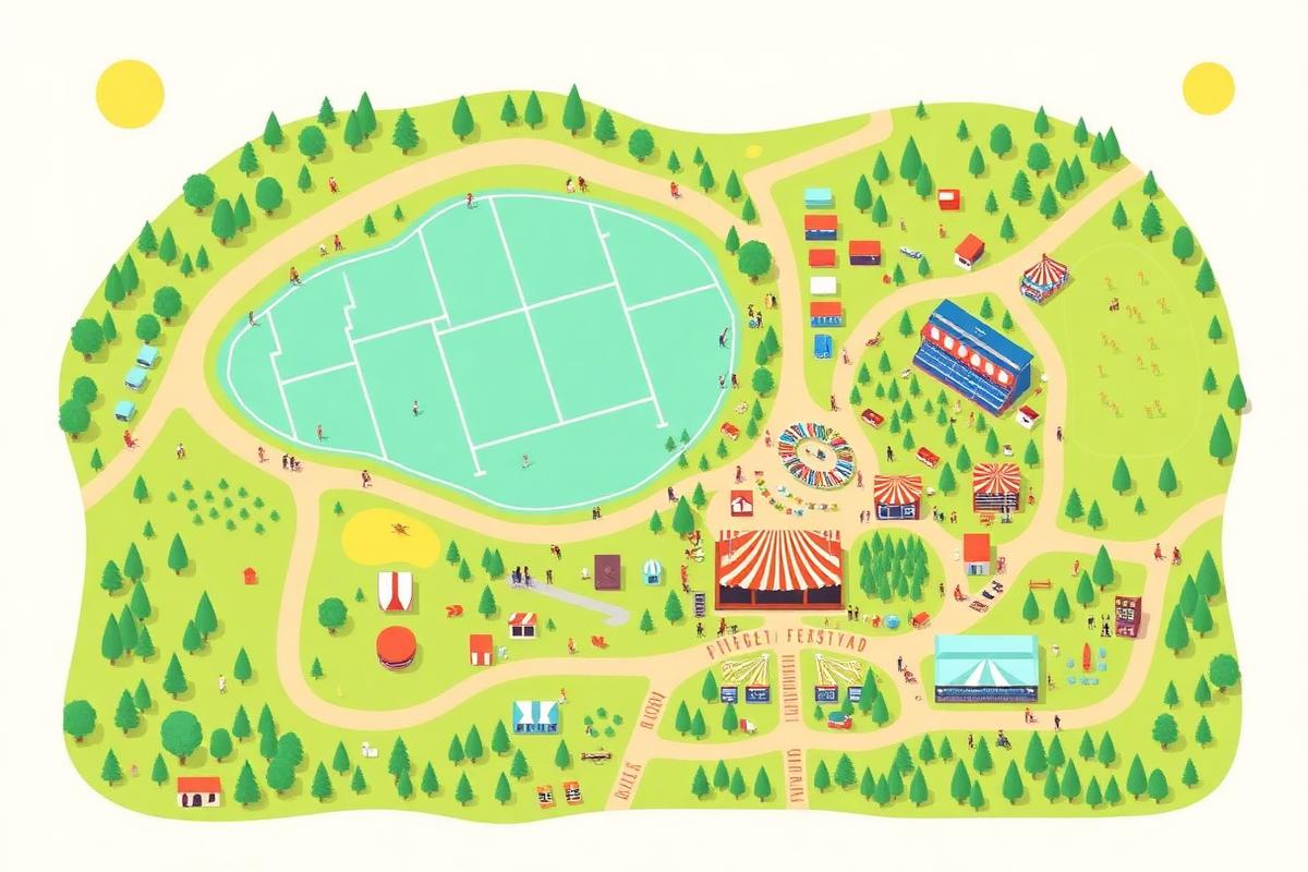 Stylised colourful map of the ATC Grounds festival layout